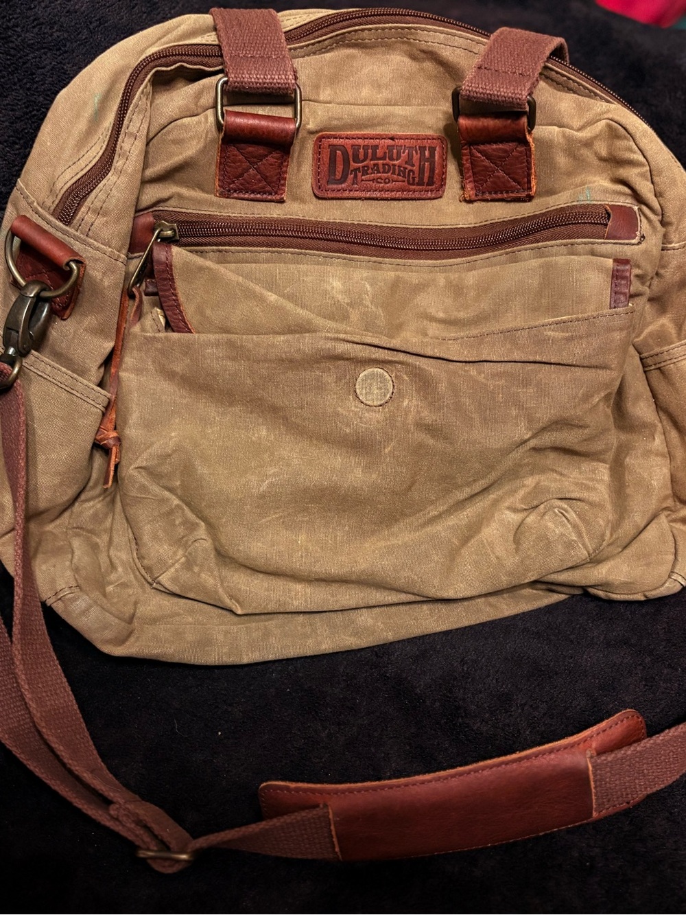Duluth Trading Co Brown Leather Khaki Oil Cloth Canvas Carry-on Messenger Bag